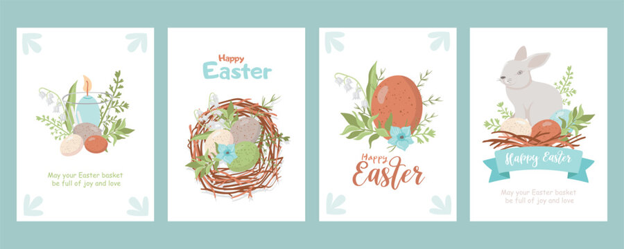 A set of Easter cards with eggs and a bunny. Perfect for Easter cards, invitations, and posters.