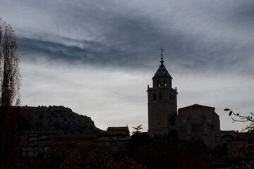 Albarracín town silhouette with el salvador cathedral tower © larrui