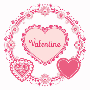 Adobe IllusValentine pink border and frame collection. Ornate heart-shaped lace templates, romantic vintage for wedding cards, love invitations and feminine decorations trator Artwork