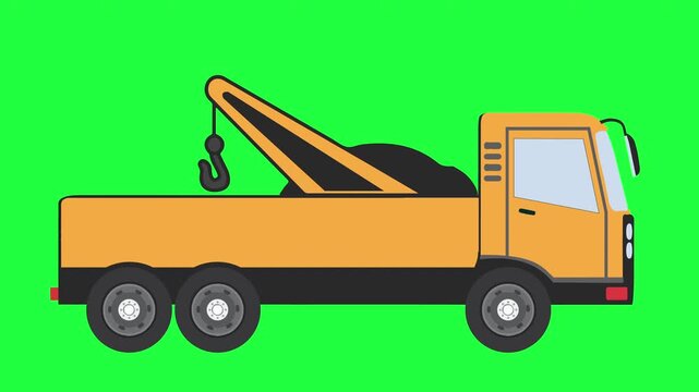 Tow truck vehicle vector animation looping. Yellow tow truck vehicle looping animated on green screen