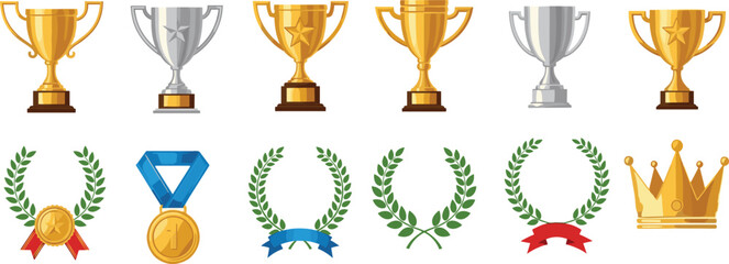 Award & Trophy cup icon set. Gold, silver, and bronze trophy and medal award icons set for sport or business prize winner illustration. © Graphic asset