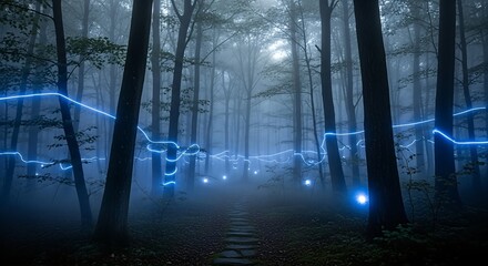 Obraz premium Mysterious forest pathway with glowing blue light and ethereal orbs in misty atmosphere