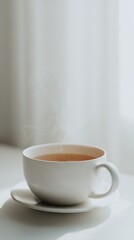 Obraz premium Steaming Cup of Tea on a Saucer