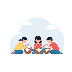 Joyful Children Discovering Easter Eggs In Baskets For Festive Celebration