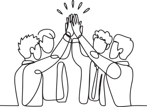 Minimal Single Line Art of Team High Five. Business Teamwork Continuous Line Illustration