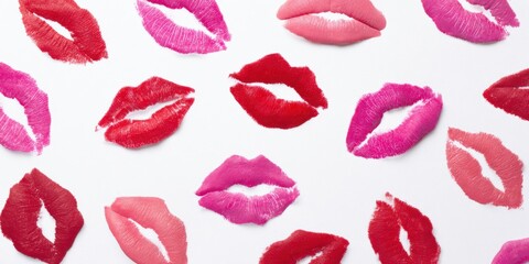 Colorful lipstick kiss marks on white background