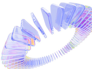 3d glass circle array of crystal light holographic transparent square plate shape row render. Abstract rainbow gradient ring, circular motion effect on pastel purple tech background © marozhkastudio