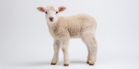 Fototapeta premium Cute fluffy white lamb standing on white background
