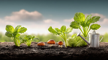 Fresh green plants and mushrooms growing in soil with watering can