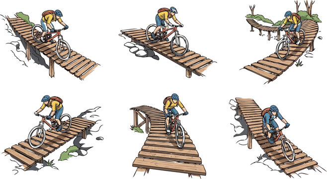 Cyclist riding mountain bike on wooden bridge structure vector illustrations for forest trail and park obstacle courses