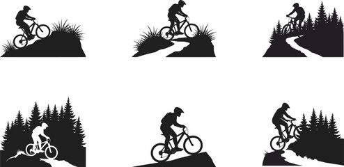 Mountain bikers in silhouette vector set, riding forest trails, downhill adventure, extreme sport graphics © MDMUKTADIR