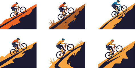 Mountain bikers riding steep hills and trails vector set, graphic design elements for extreme sports © MDMUKTADIR