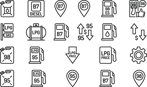 Fuel, gas, LPG, diesel, petrol, B7, 95, 98, price, station, pump, energy, outline, icon, set, vector, minimal, collection, isolated