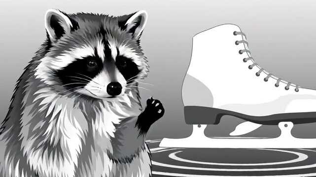 A grayscale image features a raccoon next to an ice skate, hinting at winter recreation