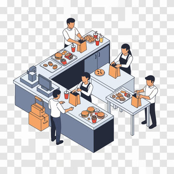 People working at food counters preparing orders for customers.