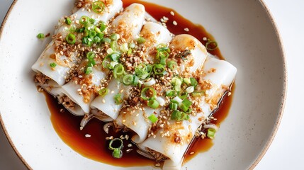 Top view of a plate of Stuffed rice noodles (cheung fun style), Guangxi Cuisine