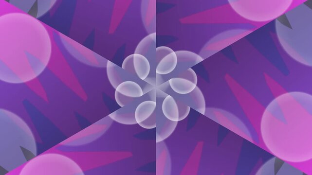 Vibrant abstract kaleidoscopic geometric pattern with soft glowing ethereal petals radiating from a central, ethereal, translucent bloom in shades of purple and pink. Abstract