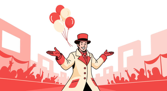 Joyful Ringmaster Welcomes Crowd With Balloons And Celebration