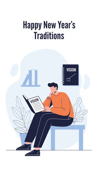 Man Contemplating Future Goals New Year Traditions On Table