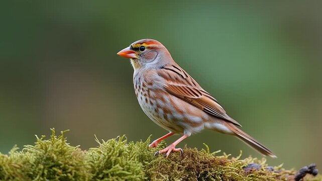 bunting wild life ai Close up of a beautiful song sparrow perched on mossy branch in natural forest environment with soft green background