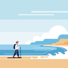 Obraz premium Lone Traveler Walks Along Coastal Path With Scenic Ocean Views