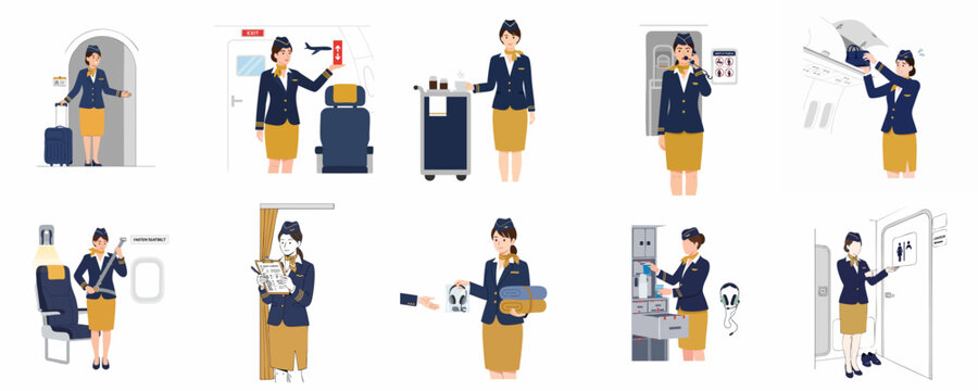 Flight Attendant Duties and Services Collection: Illustration set showing cabin crew greeting, serving, safety, and operational tasks during air travel.