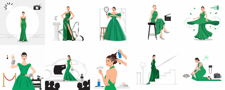 Fashion Icon Storyboard: Elegant Woman in Green Evening Dress Scenes, Including Photoshoots, Red Carpet Arrivals, and Backstage Preparation.