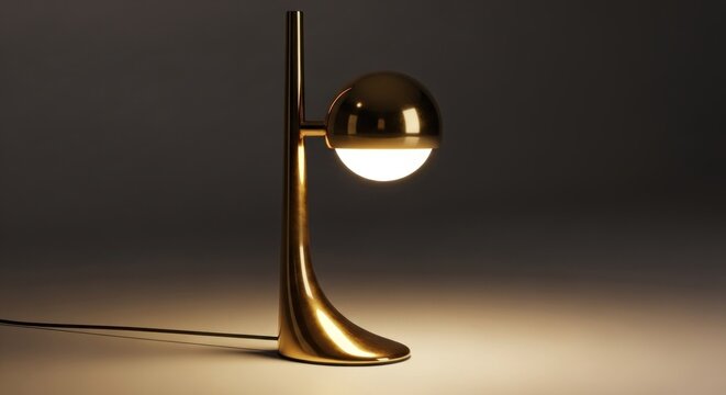 A sleek, modern table lamp with a metallic finish, emitting a warm glow, placed on a dark background with a soft, ambient light.