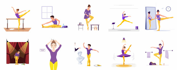 Ballet Dancers Training and Performance Routine Flat Vector Illustration Set. © dewi