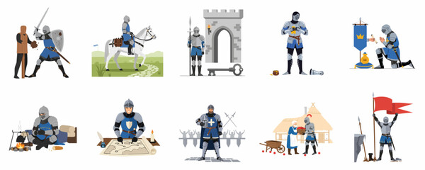Fototapeta premium Medieval Knight Life and Duties Vector Set: Battles, Horseback Riding, Castle Guarding, Strategy, Fealty, and Daily Adventures.