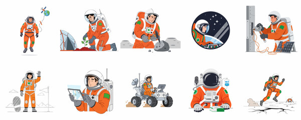 Vector set of astronauts engaged in space exploration, including planting, mining, driving a rover, maintenance, and piloting a futuristic mission. © dewi