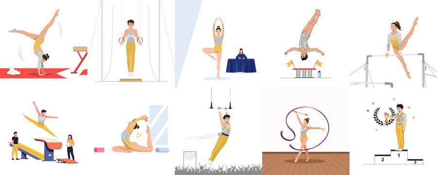 Professional Gymnastics Competition and Training Set: Athletes Performing Artistic and Rhythmic Routines on Various Apparatus, Vaulting, and Celebrating Victory on the Podium.