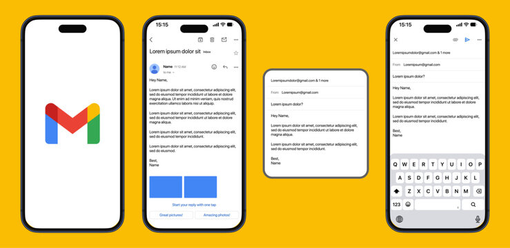 Gmail App Interface Mockup with Email List and Carousel Panel, Mobile Smartphone Display, Inbox, Compose, Notifications, Modern Productivity UI Design