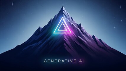 Futuristic mountain peak with neon triangle.