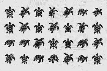Fototapeta premium Black turtle silhouettes on gray background with white outlines