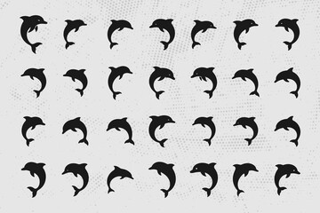 Collection of black dolphin silhouettes on gray background © DzgnVibe