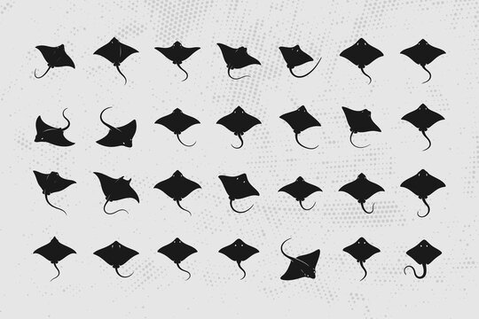 Collection of black stingray silhouettes on dotted background
