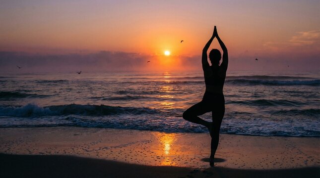 Silhouette of a woman practicing yoga in tree pose on a tranquil beach with a vibrant sunrise over the ocean symbolizing peace and wellness