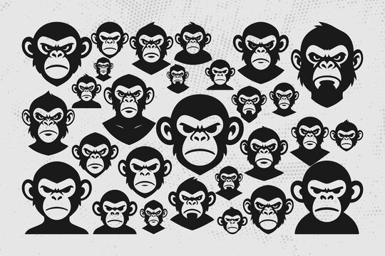 Collection of angry monkey faces in black and white