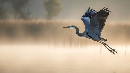 Grey heron flying over water landscape.