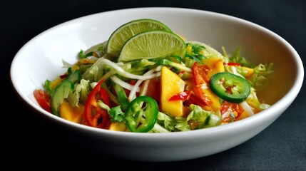 Fresh and Colorful Salad with Mango, Vegetables, and Lime Served in a White Bowl on Dark Background, Perfect for Healthy Eating and Culinary Promotions