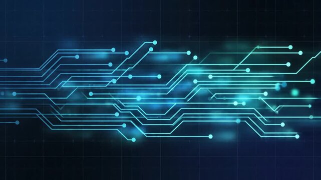 Futuristic digital circuit board animation, glowing blue motherboard traces on dark background, high-tech cyber security and data processing concept