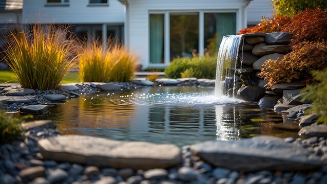 Elegant backyard garden waterfall with natural stone pond, autumn foliage, and modern home backdrop. Serene residential landscape design creating peaceful outdoor oasis atmosphere.