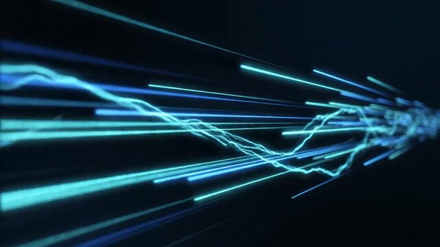 Futuristic blue light trails and electric energy streaks, high speed motion blur background, glowing fiber optic data transmission concept