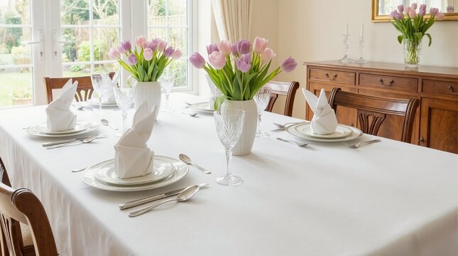 Elegant Easter table setting with pink tulips and white napkins. Spring dining room interior with natural light. Festive brunch or dinner arrangement