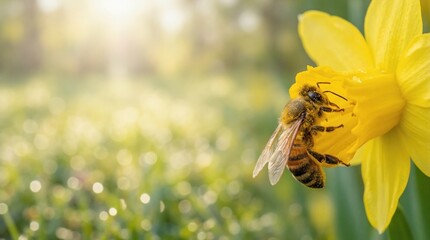 Honey bee on yellow daffodil with bokeh background. Close up of insect on flower with copy space. Spring nature concept © NN AI