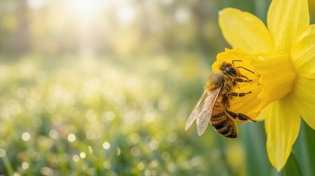 Honey bee on yellow daffodil with bokeh background. Close up of insect on flower with copy space. Spring nature concept