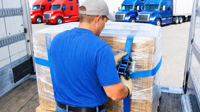 Worker securing load with straps on a truck.

