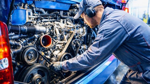 Worker in blue uniform a bus  engine repair.
