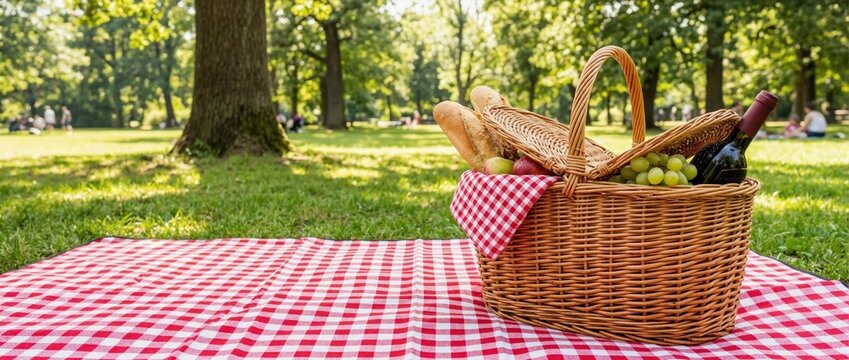 Picnic basket with wine and bread on checkered blanket in park. Summer outdoor dining concept. Wicker hamper with fruit and baguette on green grass